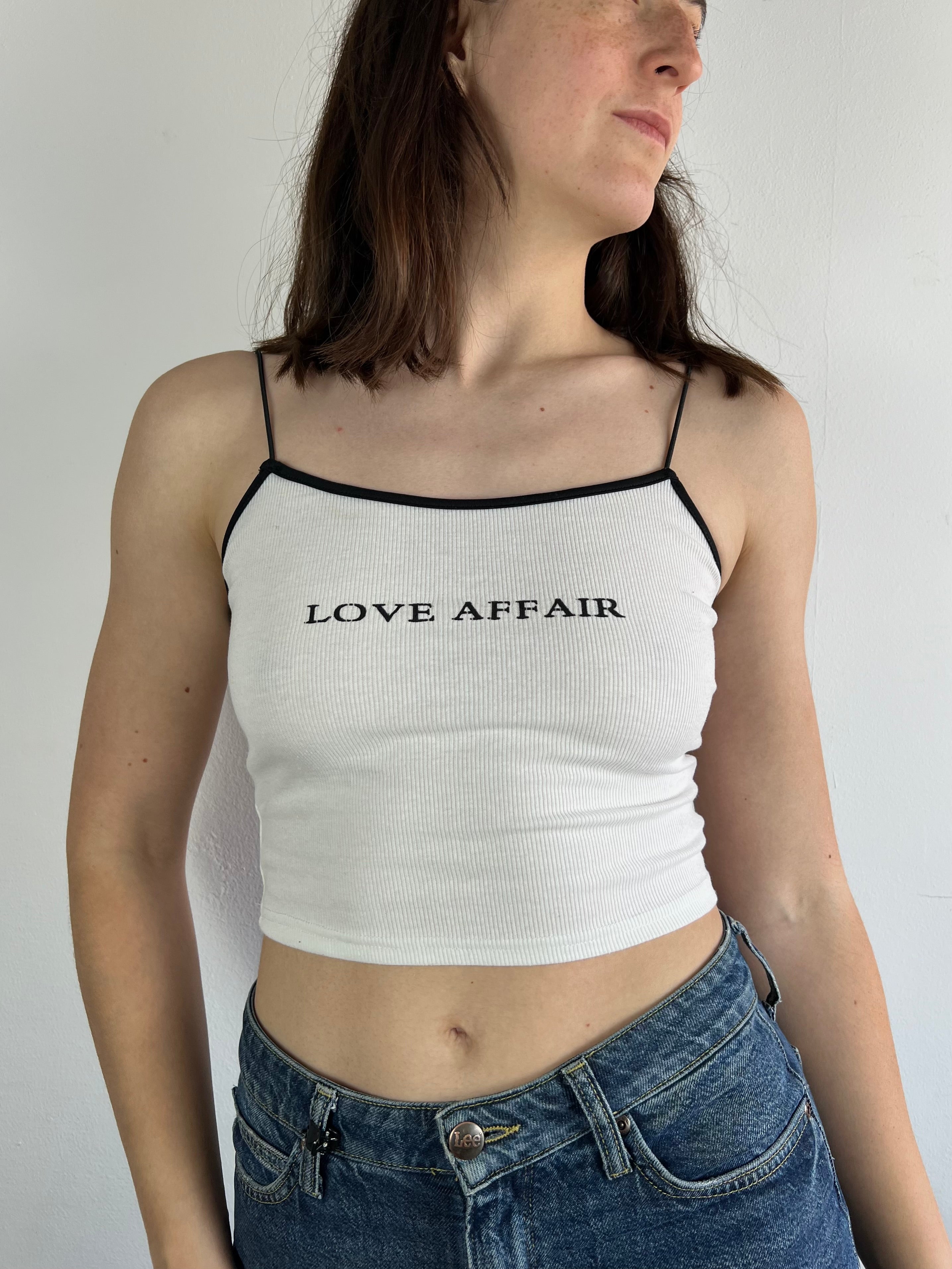 Spaghetti Top Vintage Cropped Love Affair Print White Cream – M