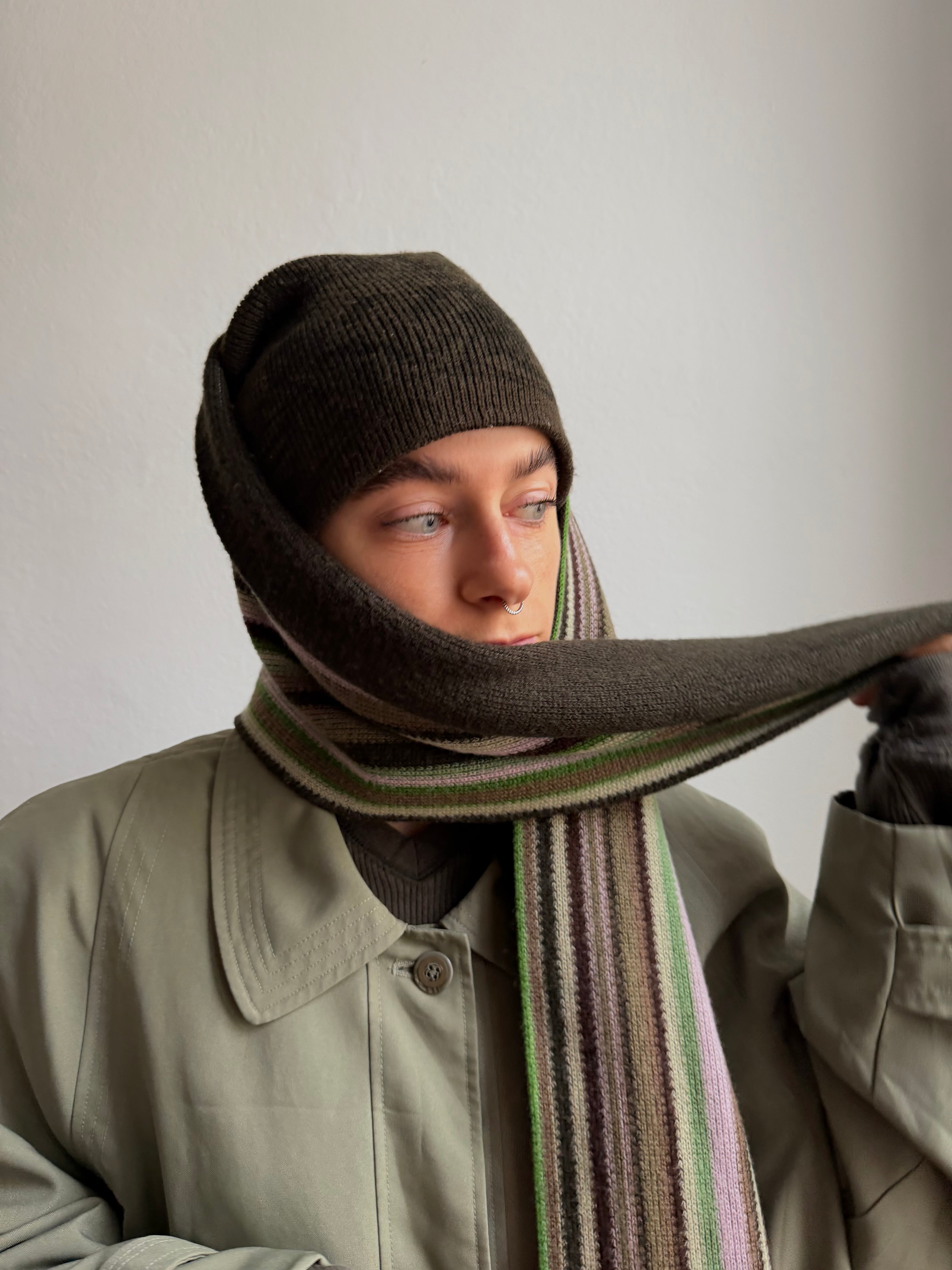 Vintage Wool Scarf Green, Brown and Rosa Unisex - One Size