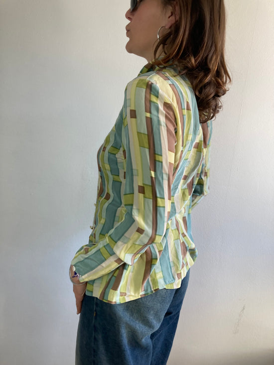 Blouse Vintage Y2K Green Brown Plaid Button Detail Longsleeve Slim Fit Women – M