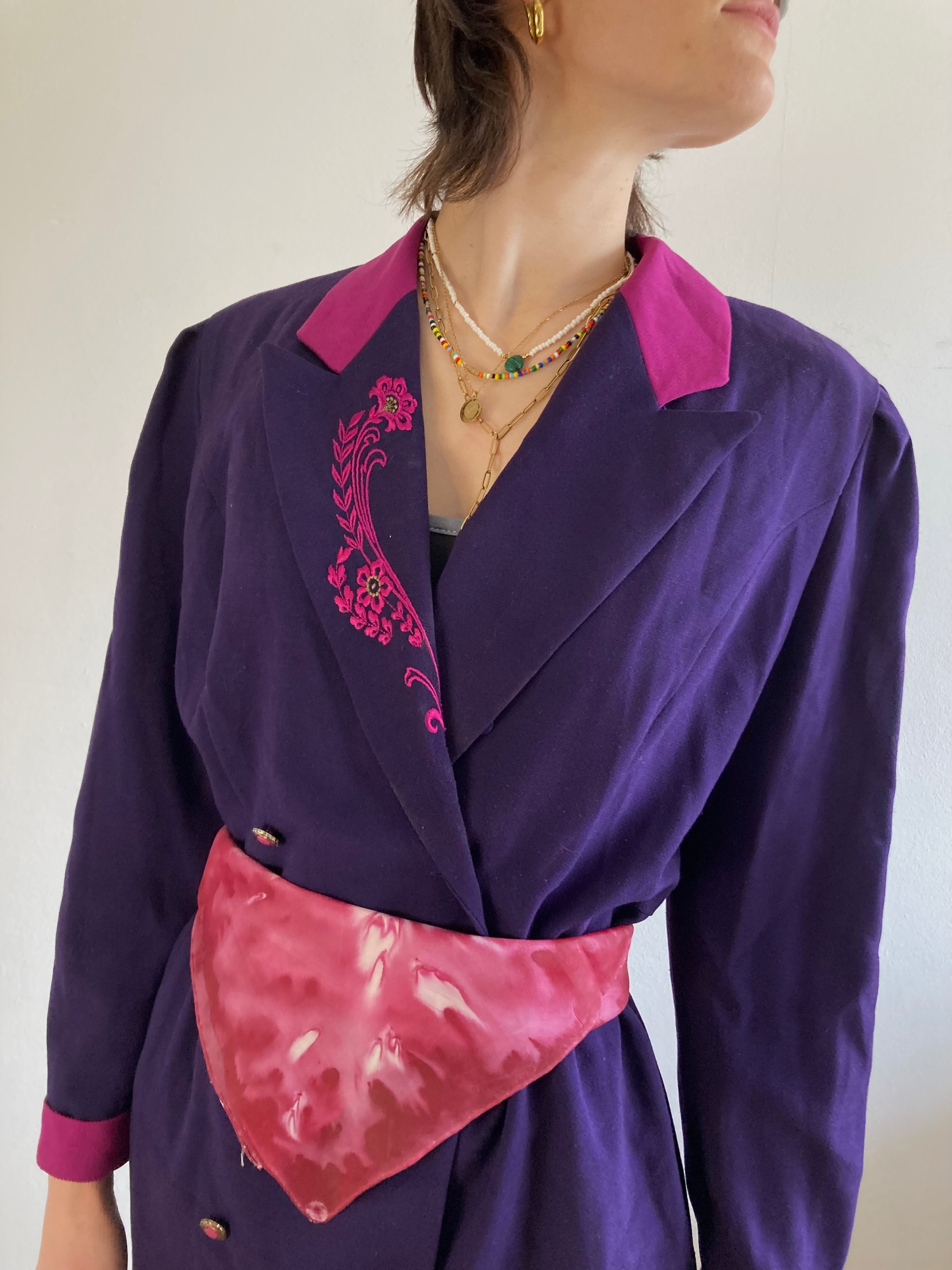 Coat Vintage Purple Floral Embroidered Collar Trench Women – M