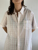Shirt Vintage Petrocelli Striped Summer Short Sleeve Button-Up White Pink Unisex – M/L
