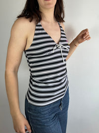 Tank Top Vintage Striped Collar Black White Summer – M