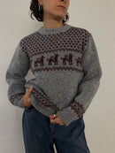 Vintage Wool Winter Pullover Lama Pattern Grey – S/M