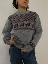 Vintage Wool Winter Pullover Lama Pattern Grey – S/M