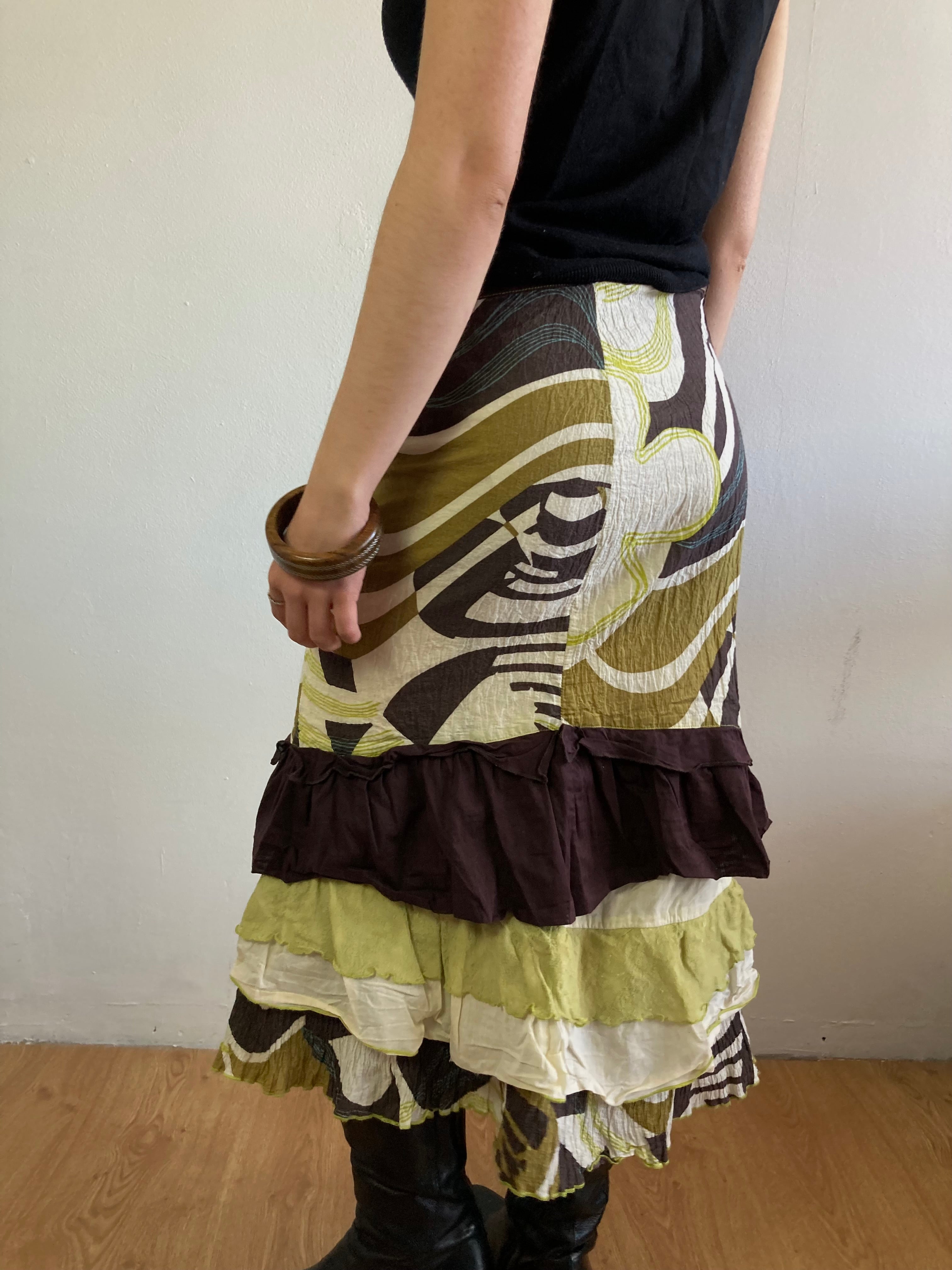 Skirt Vintage Y2K Brown Cream Yellow Ochre Patterned Cotton-Blend Women – S