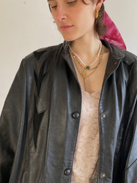 Leather Jacket Vintage Black Patterned Real Leather Unisex Oversized – M/L