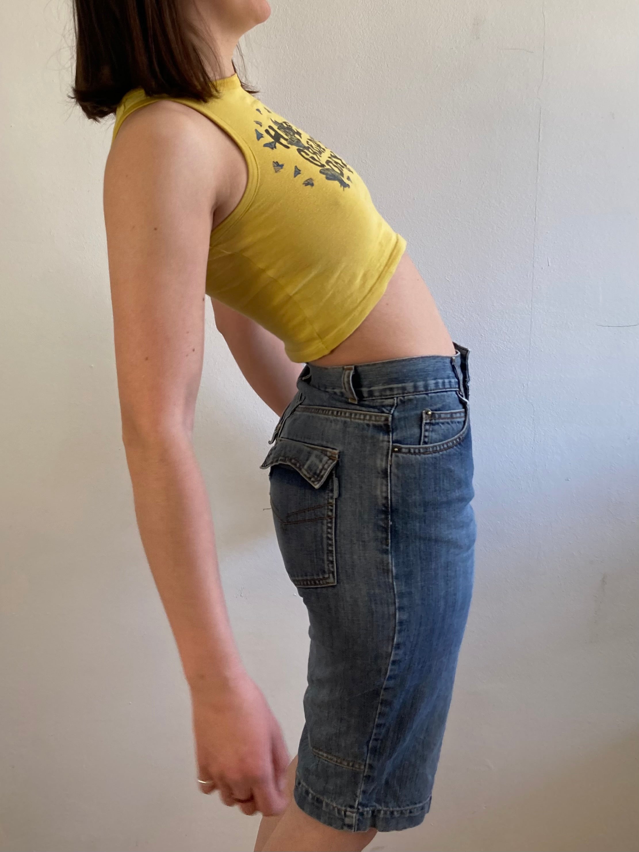 Top Vintage Y2K Baby Tee Front Print Yellow Fitted Cotton Blend Women – S