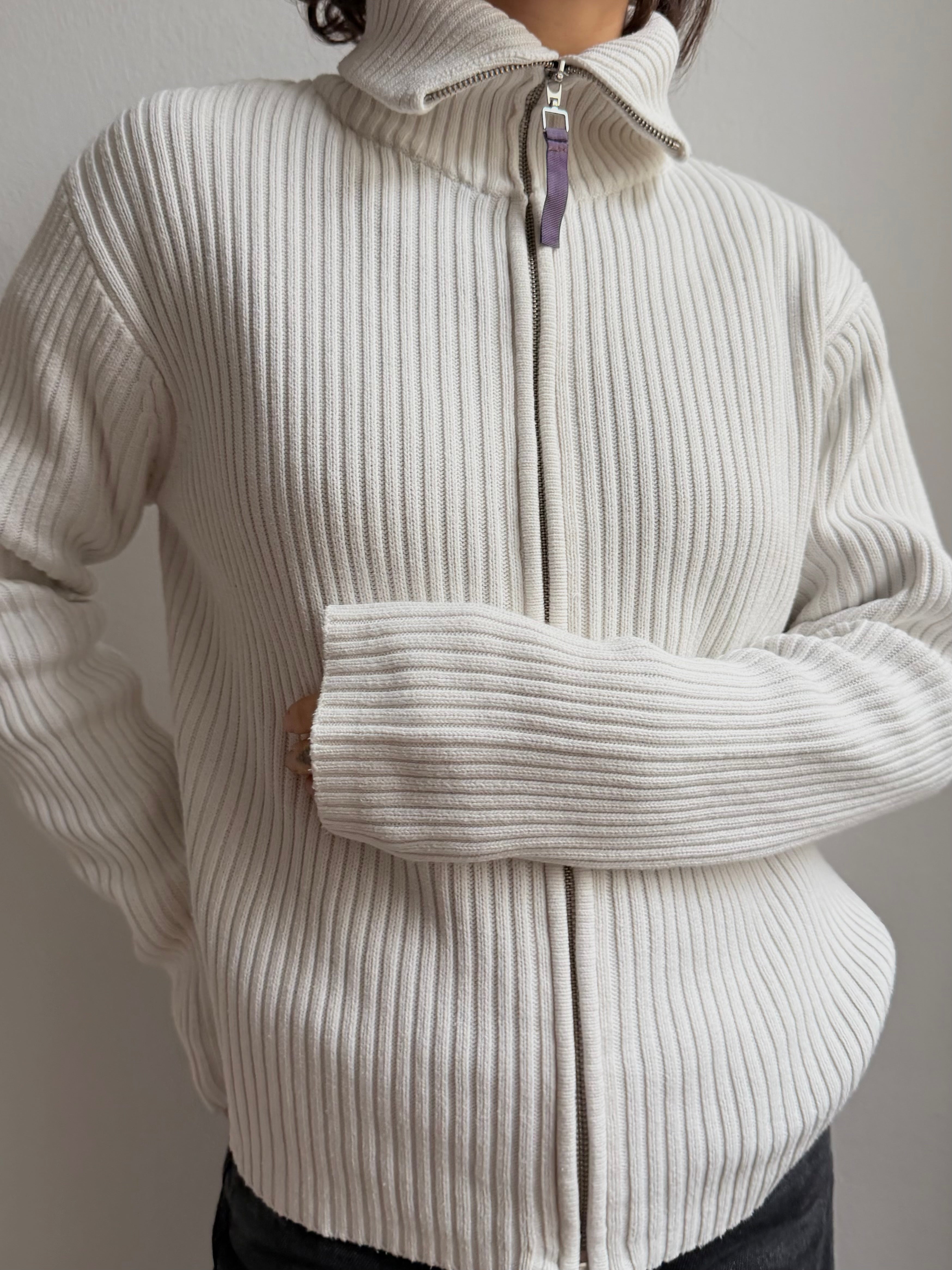 Cardigan Cream White Unisex Turtle Neck - M