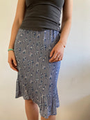 Skirt Vintage Grey Floral Pattern Elastic Waist Slit Hem Layering – M