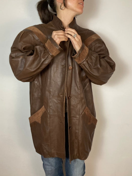 Jacket Vintage Keginapary Leather Coat Brown Plush Sleeve Women – M/L