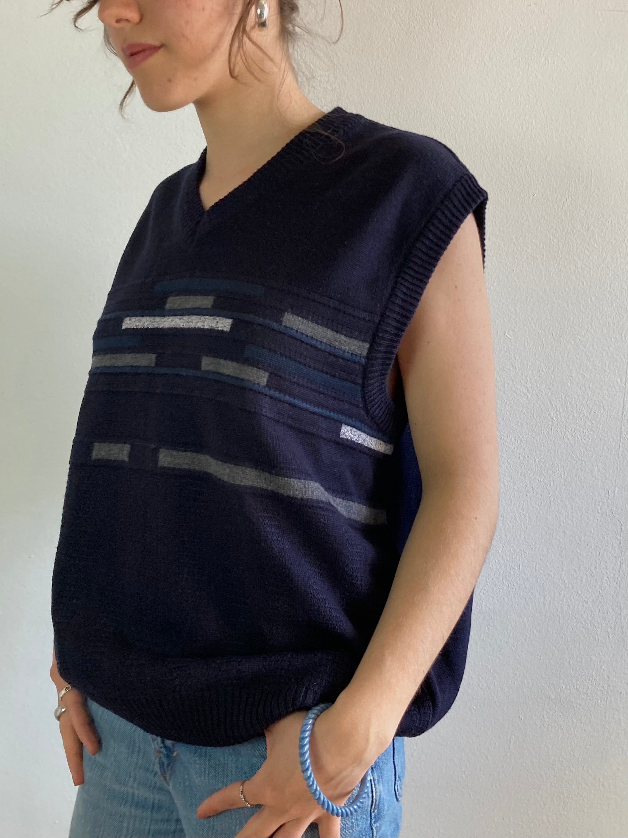 Sweater Wool Vest Vintage Dark Blue Layering Oversized Unisex – M