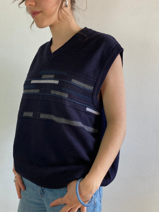 Sweater Wool Vest Vintage Dark Blue Layering Oversized Unisex – M