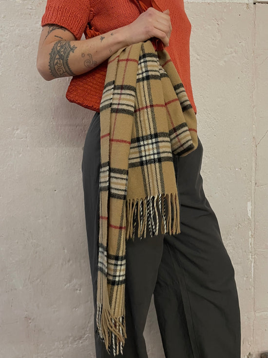 Vintage Spring Scarf Beige Checked Mid-Length – One Size