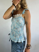 Top Vintage ELLE Lace Ruffle Floral Sheer Blue Summer – M