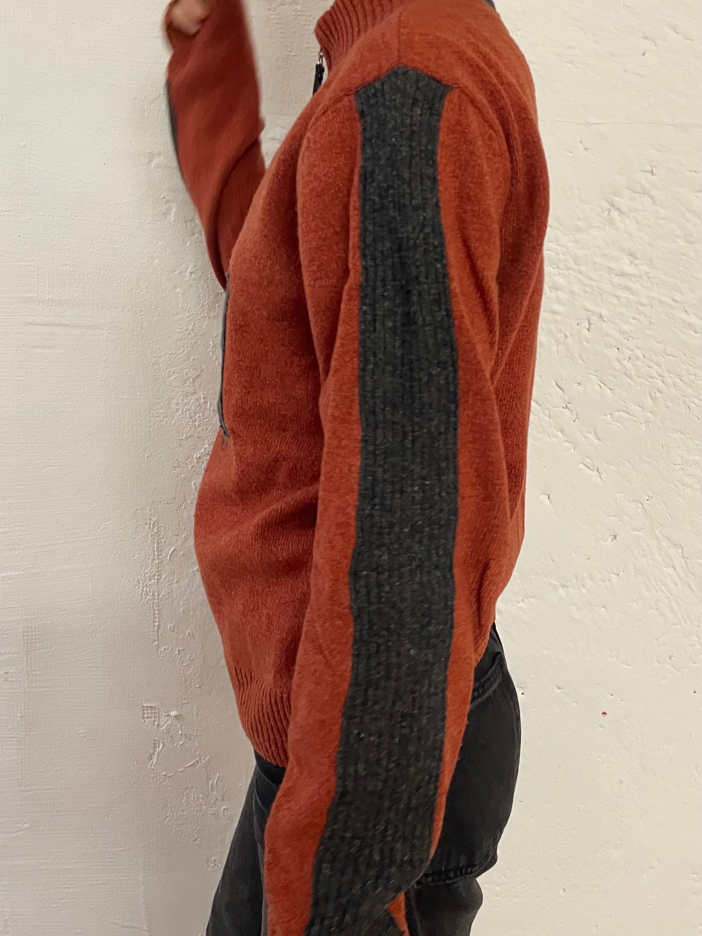 Vintage Wool Zip Pullover Orange Front Pattern – S