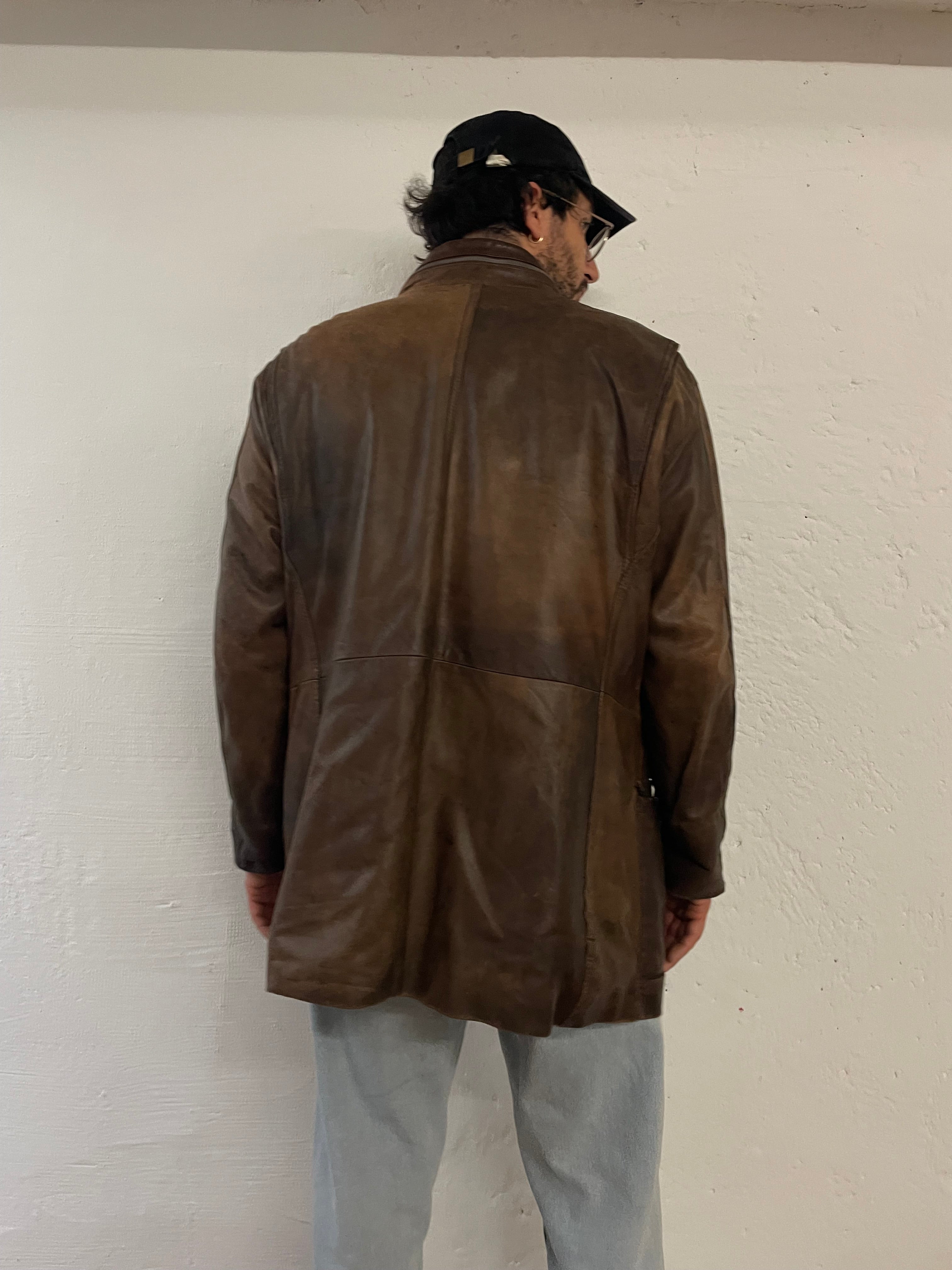 Vintage Long Leather Coat Brown Front Pockets – L/XL