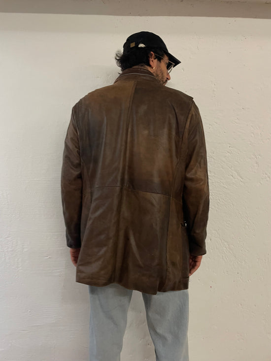 Vintage Long Leather Coat Brown Front Pockets – L/XL