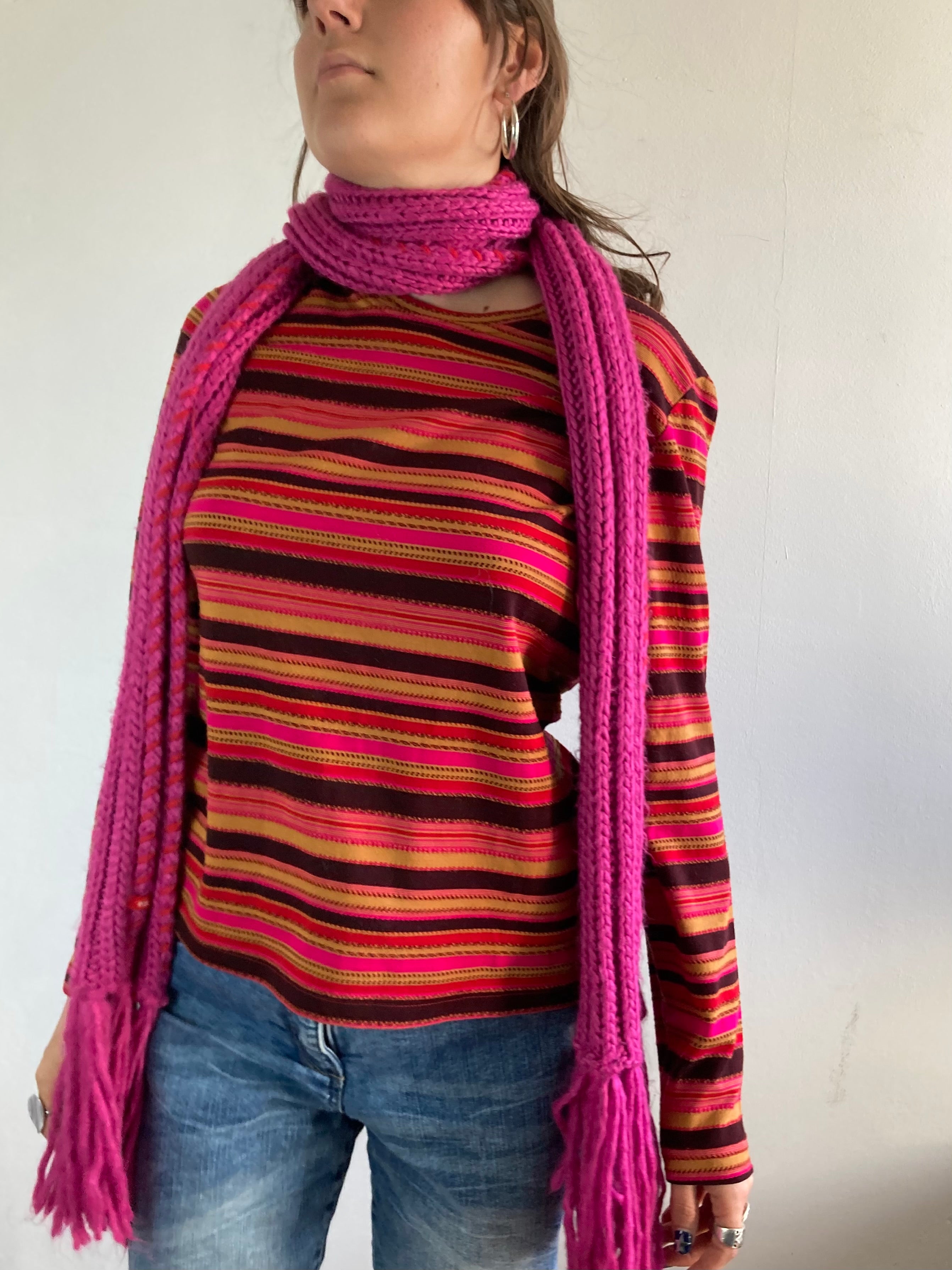 Shirt Vintage Red Black Purple Striped Longsleeve Oversized Unisex – M