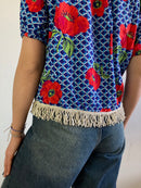 Top Vintage Blue Red Floral Shoulder Cotton-Blend Women – S