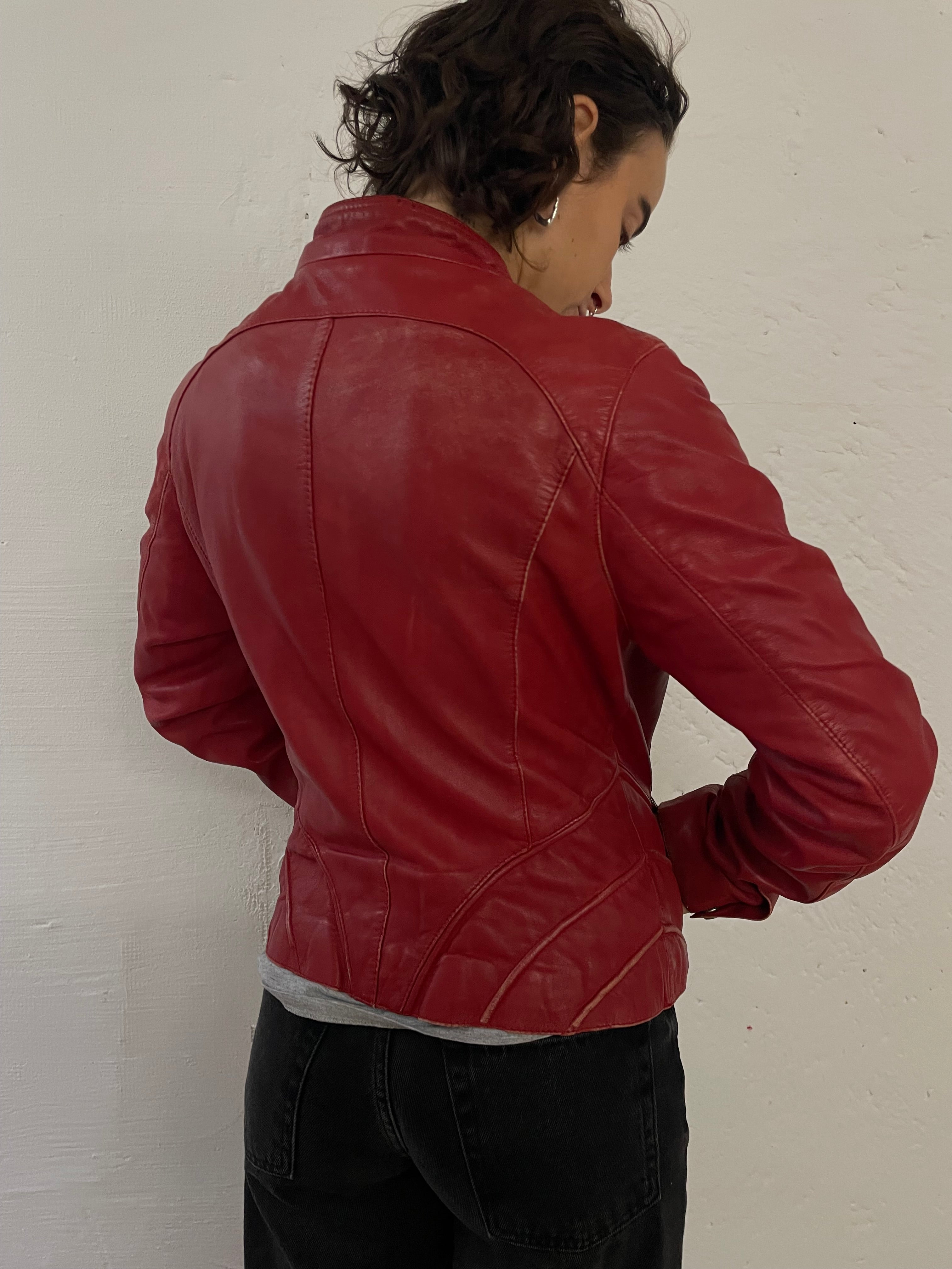 Vintage Arma Leather Biker Jacket Fitted Red Beautiful Patterns – S