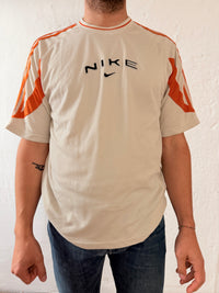 Vintage Unisex T-Shirt Nike Cream Striped Cotton Blend with Orange Details – L