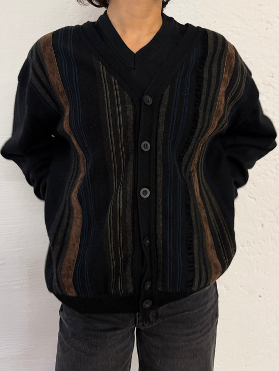 Vintage Wool Cardigan Brown Stripe Details Unisex – L