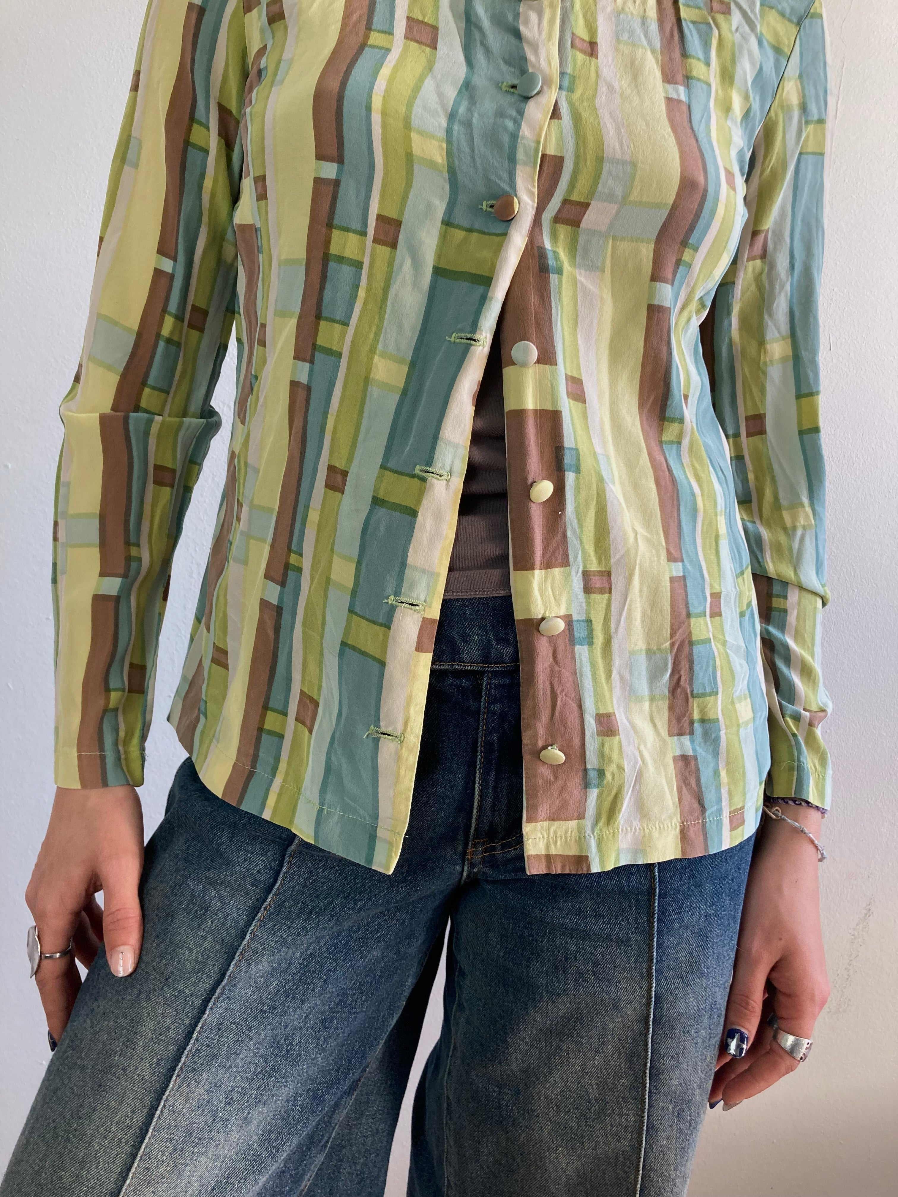 Blouse Vintage Y2K Green Brown Plaid Button Detail Longsleeve Slim Fit Women – M