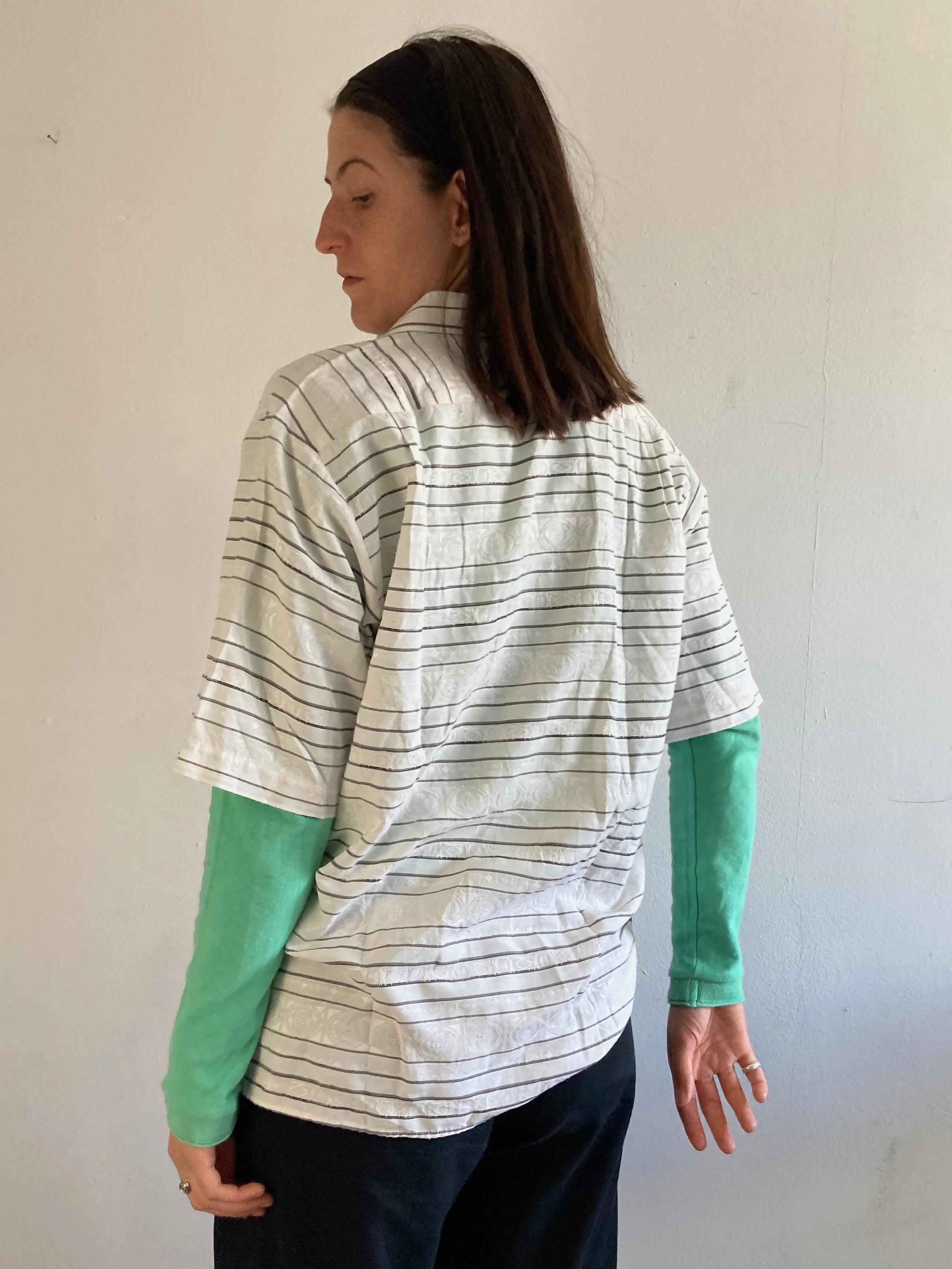 Shirt Vintage Luko Short Sleeve Striped Spring Unisex White Cream – L