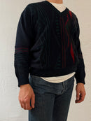 Vintage Wool V-Neck Pullover Black & Green Unisex– L