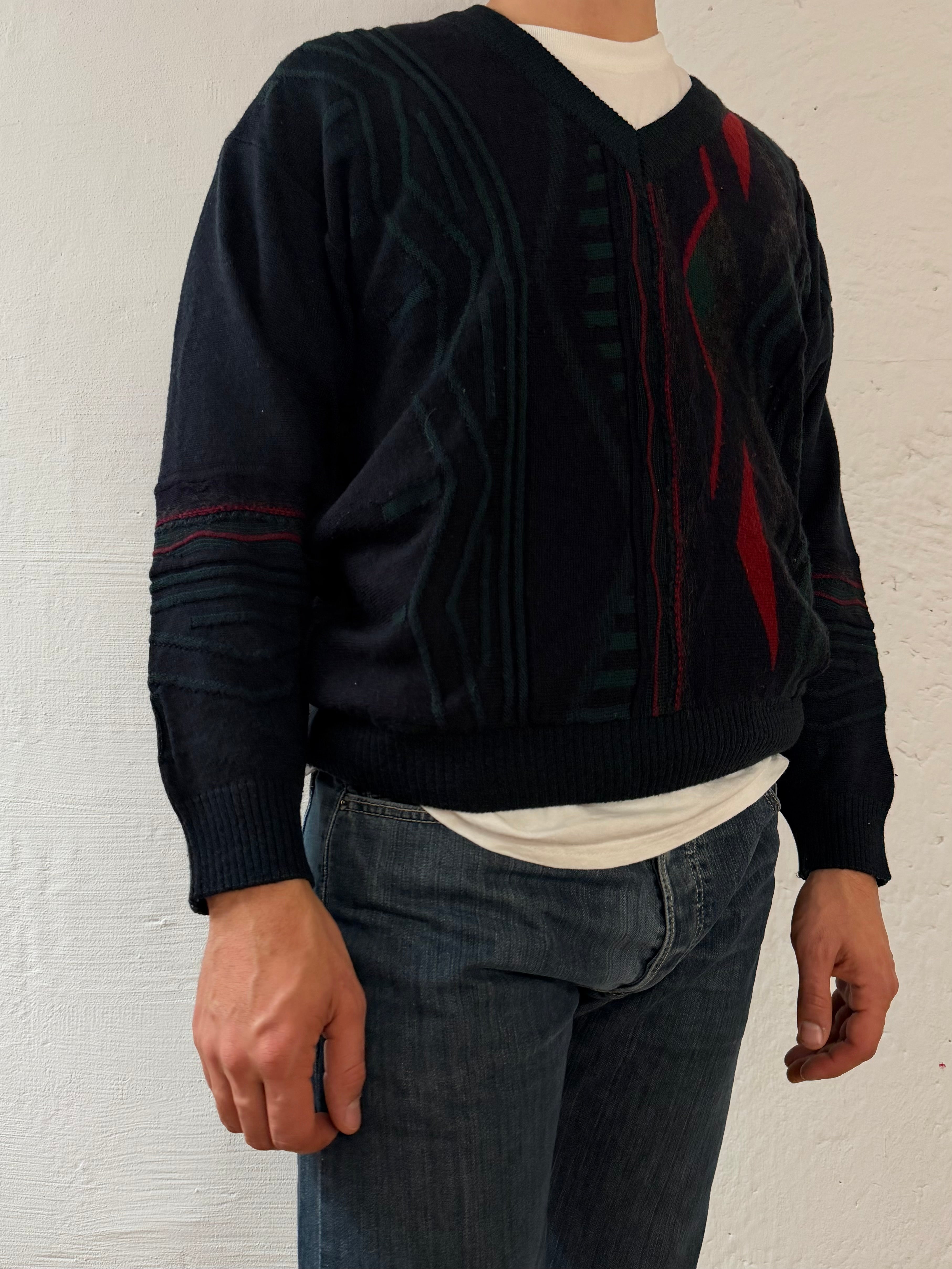 Vintage Wool V-Neck Pullover Black & Green Unisex– L