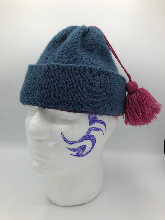 Blue Glitter Knit Beanie Pink Pom-Pom & Band – One Size