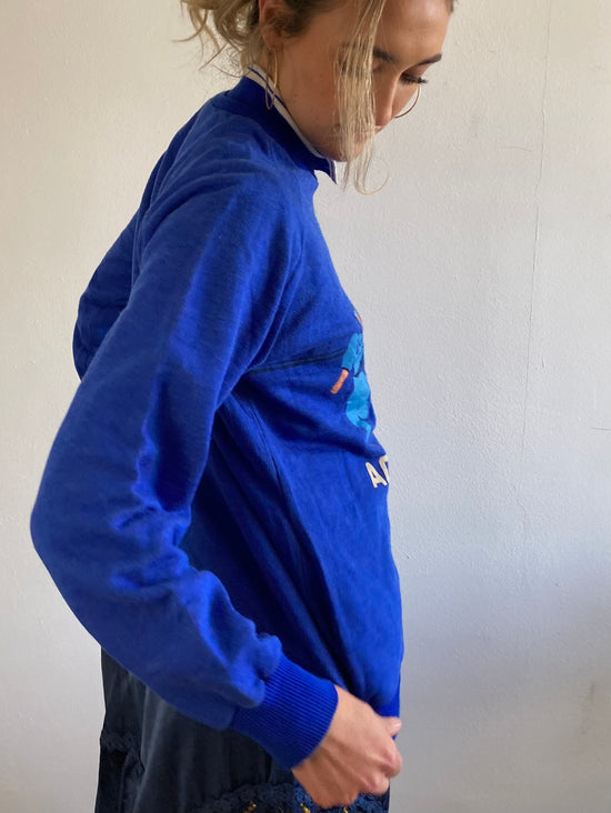 Vintage Sweater Oversized Blue Front Print made in Spain Unisex – M