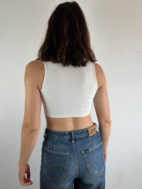 Vintage Summer Tank Top White Front Print Stretchy Baby Tee – S
