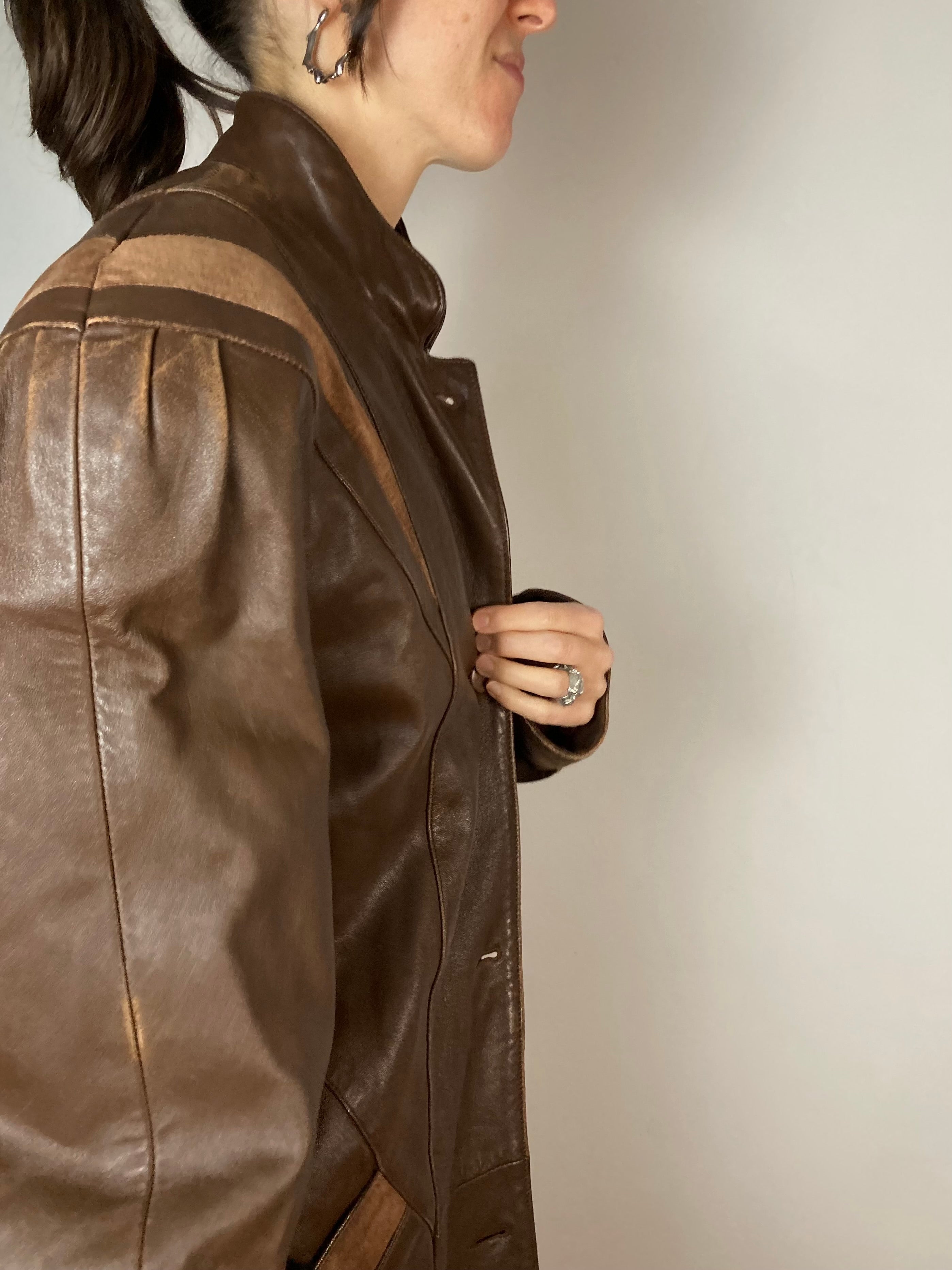 Jacket Vintage Keginapary Leather Coat Brown Plush Sleeve Women – M/L