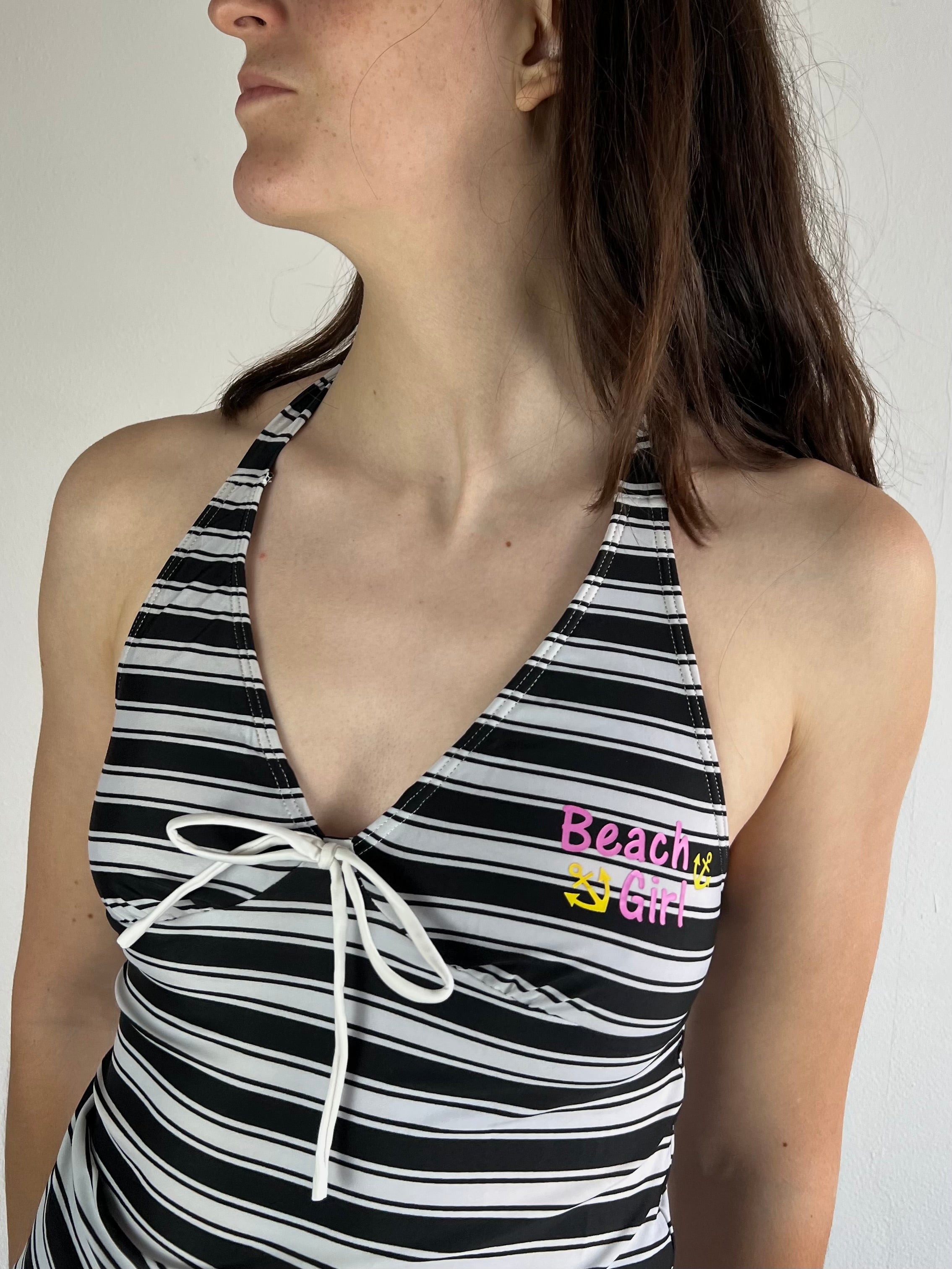 Tank Top Vintage Striped Collar Black White Summer – M
