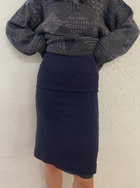 Vintage Knee-Length Skirt Striped Navy Blue Fabric – M