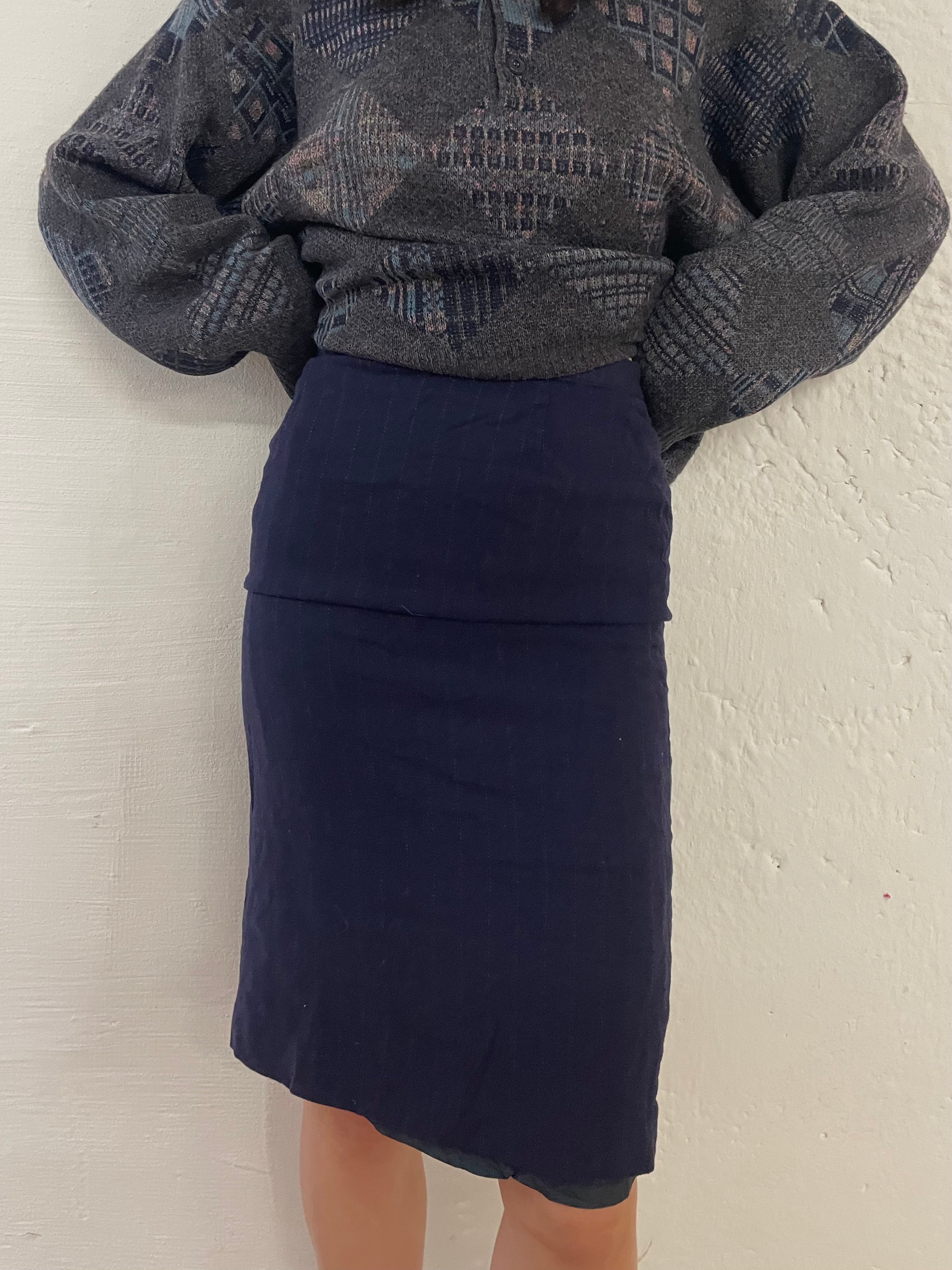 Vintage Knee-Length Skirt Striped Navy Blue Fabric – M