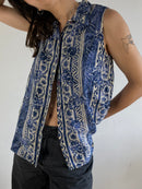 Vest Vintage Floral Button-Up Blue Layering Knit Sleeveless Women – M