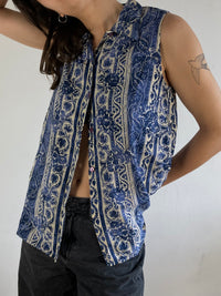 Vest Vintage Floral Button-Up Blue Layering Knit Sleeveless Women – M