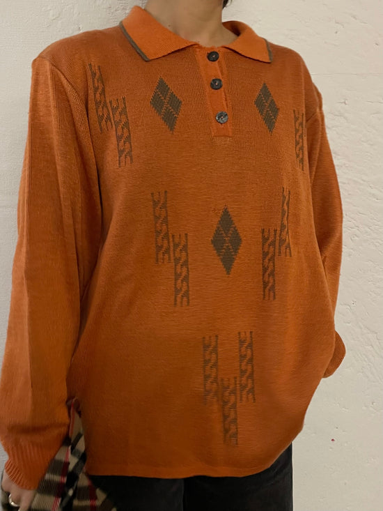 Vintage Orange Long Sleeve Polo Sweater Oversized Unisex – M/L