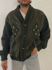 Vintage Oversized Wool Jacket Warm Thick Winter Patterned Green – L