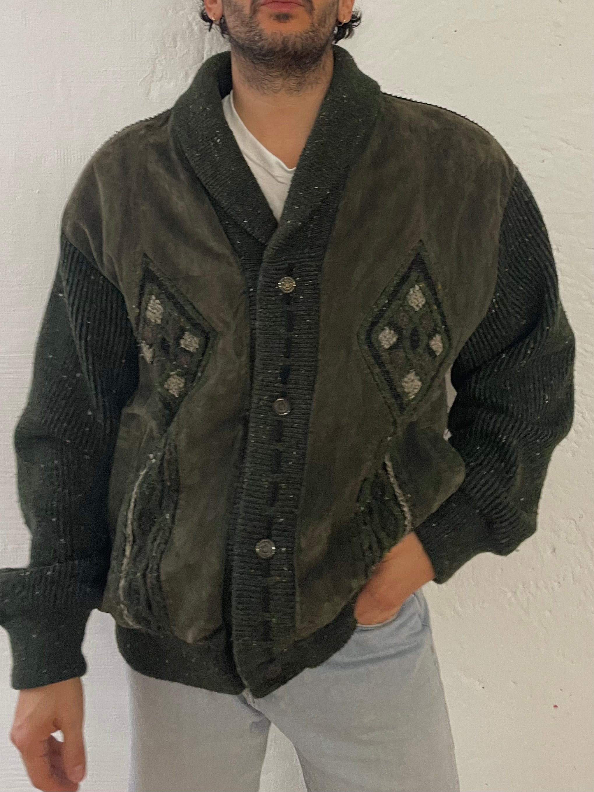 Vintage Oversized Wool Jacket Warm Thick Winter Patterned Green – L