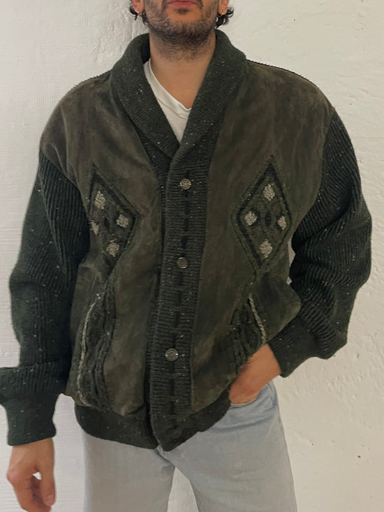 Vintage Oversized Wool Jacket Warm Thick Winter Patterned Green – L