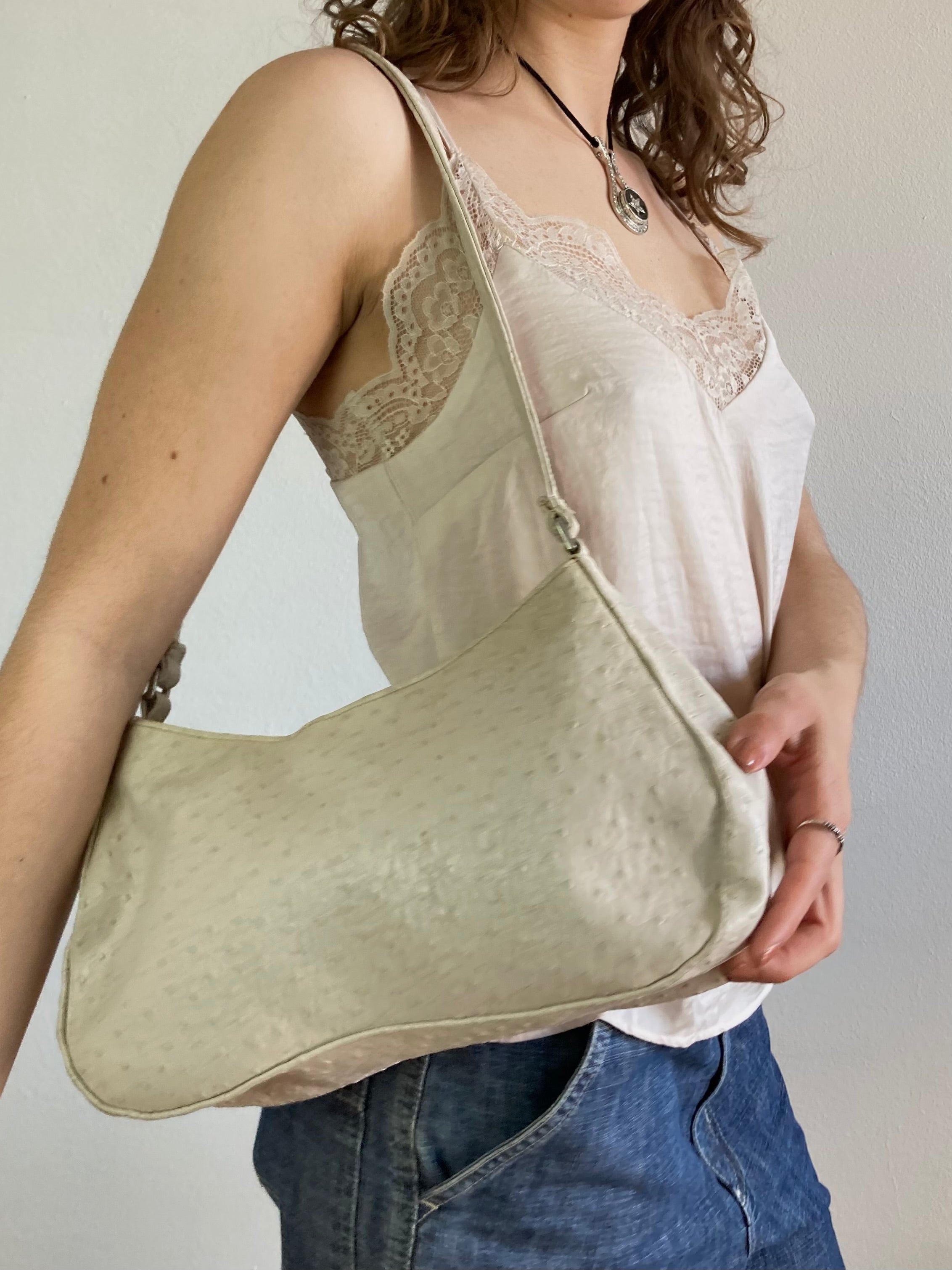 Top Vintage Cream Beige Ruffle Lace Spaghetti Strap Women – S