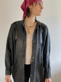 Leather Jacket Vintage Black Patterned Real Leather Unisex Oversized – M/L