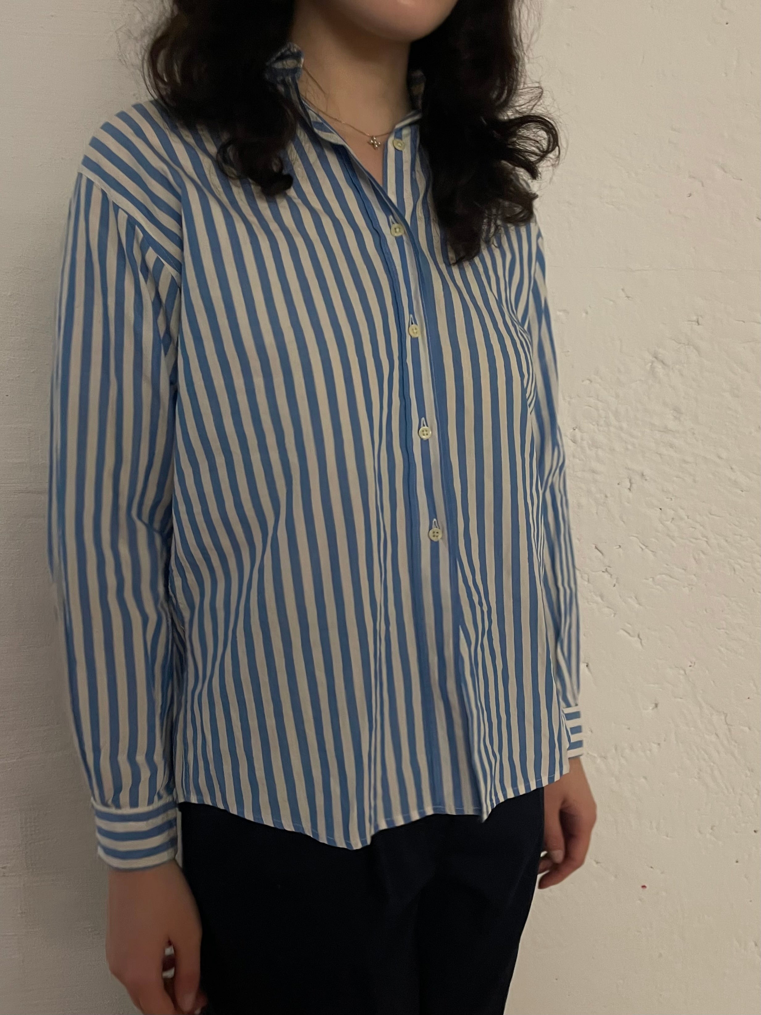 Vintage Shirt Blue White Striped Unisex – M