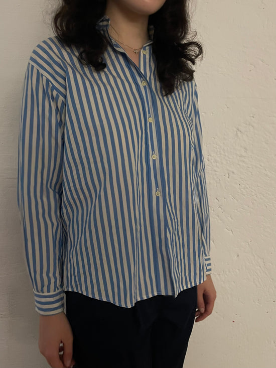 Vintage Shirt Blue White Striped Unisex – M