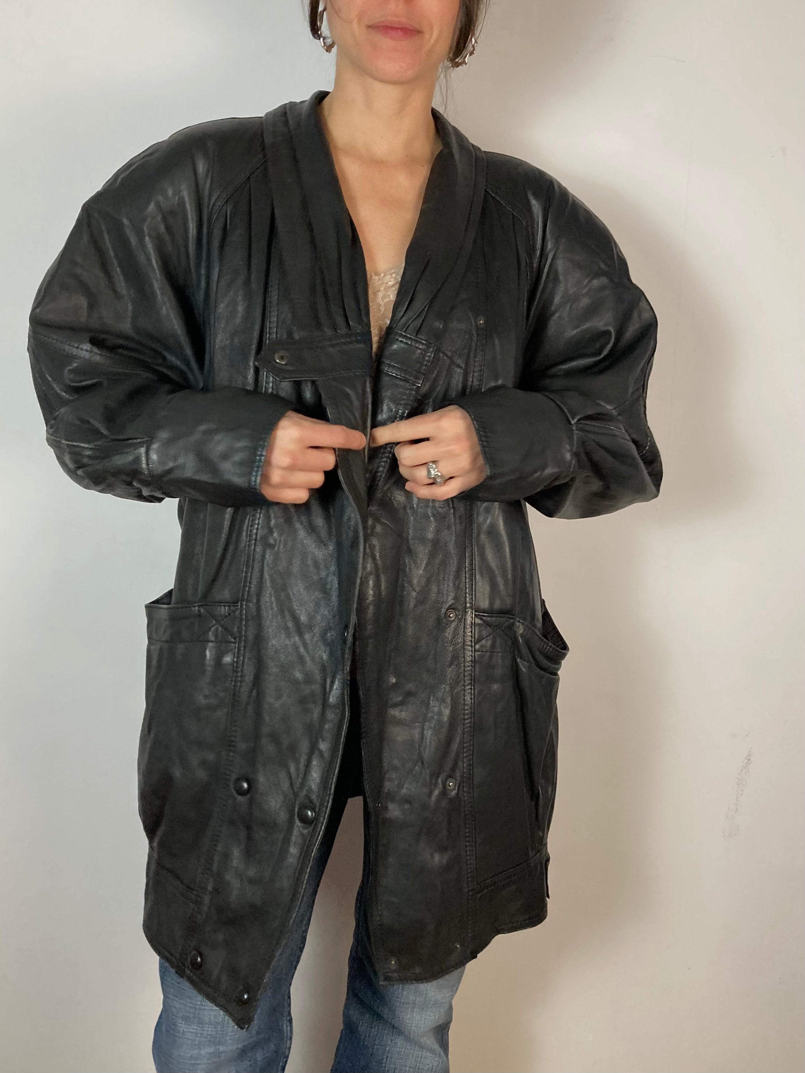 Leather Jacket Vintage Plush Sleeve Black Genuine Leather Oversized Unisex – L