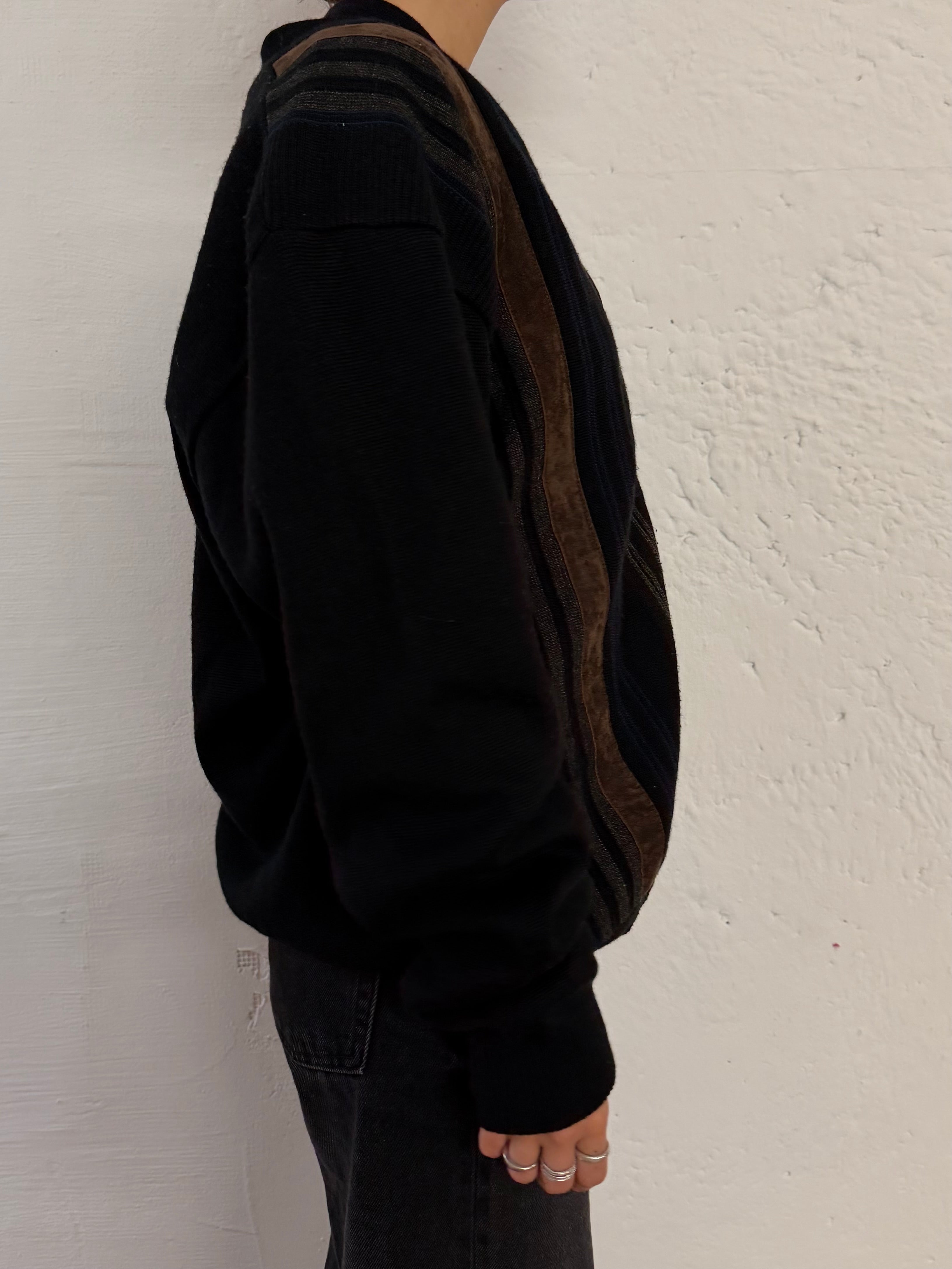 Vintage Wool Cardigan Brown Stripe Details Unisex – L