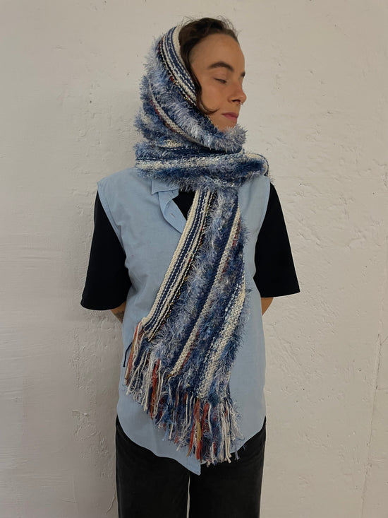 Vintage Fluffy Scarf Extra Long Blue & White – One Size